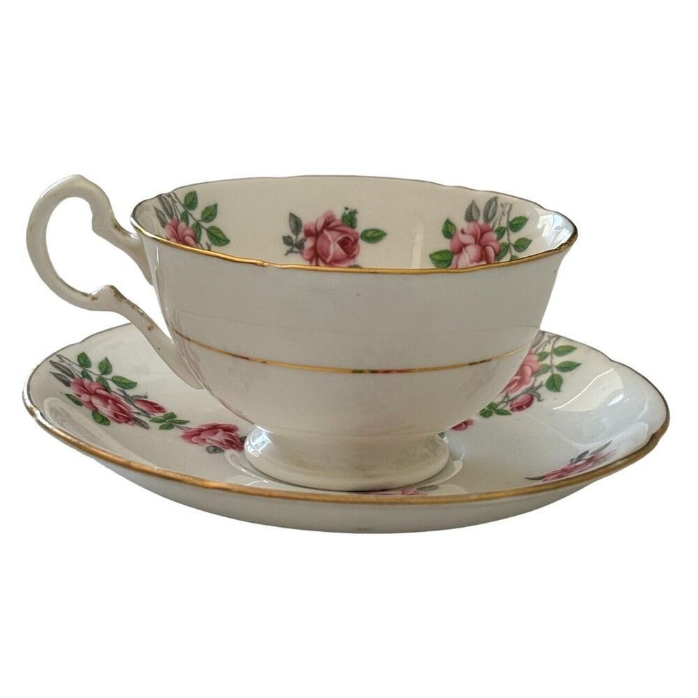 Royal Grafton Bone China Teacup Saucer Pink Rose 620 Gold Rimmed Vintage England